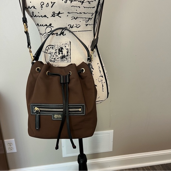 Frances Valentine Brown fabric Black leather trim Drawstring bucket crossbody - Picture 2 of 11